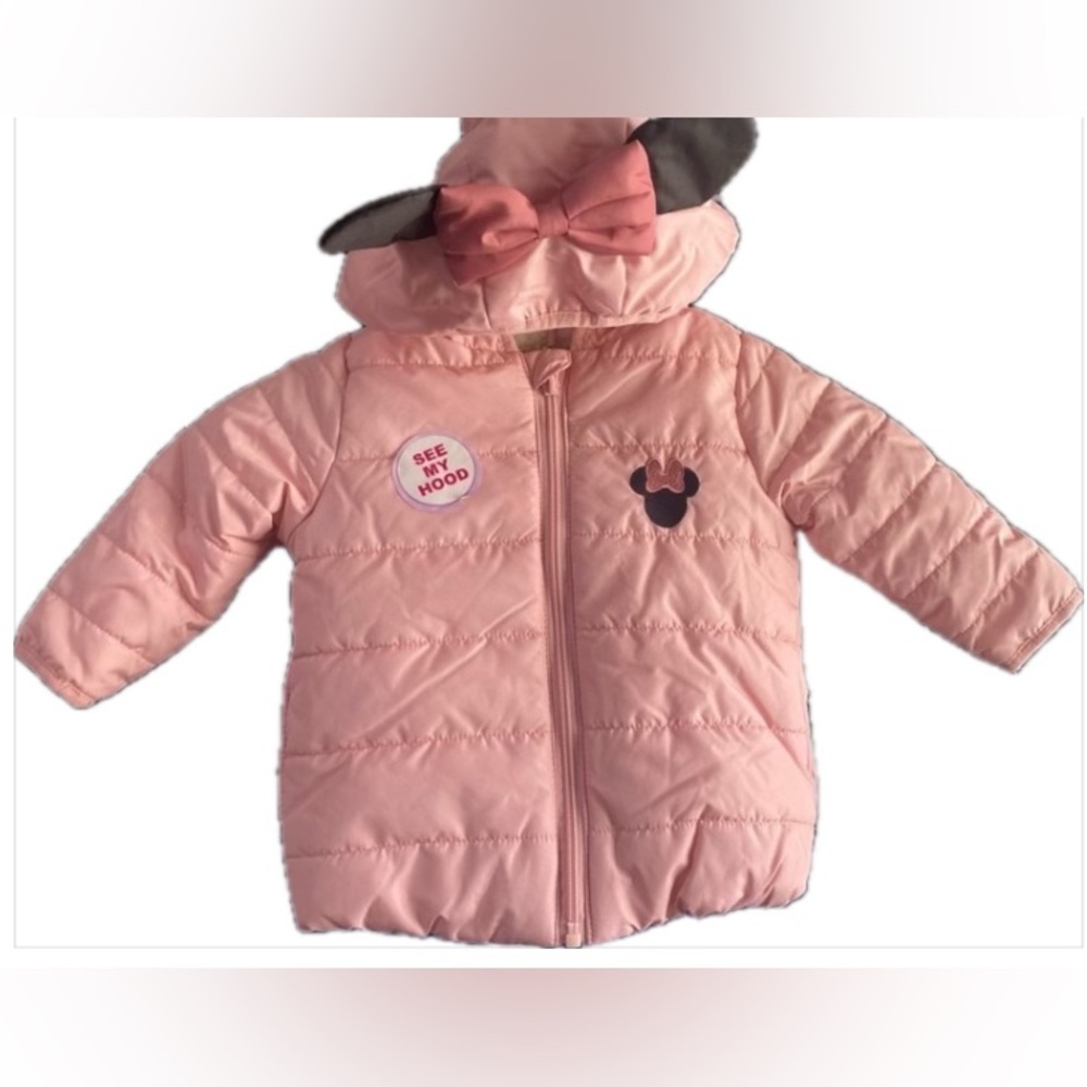 NWT Disney Minnie Mouse Girls Puffer Jacket with Ears and Bow, 12 Months